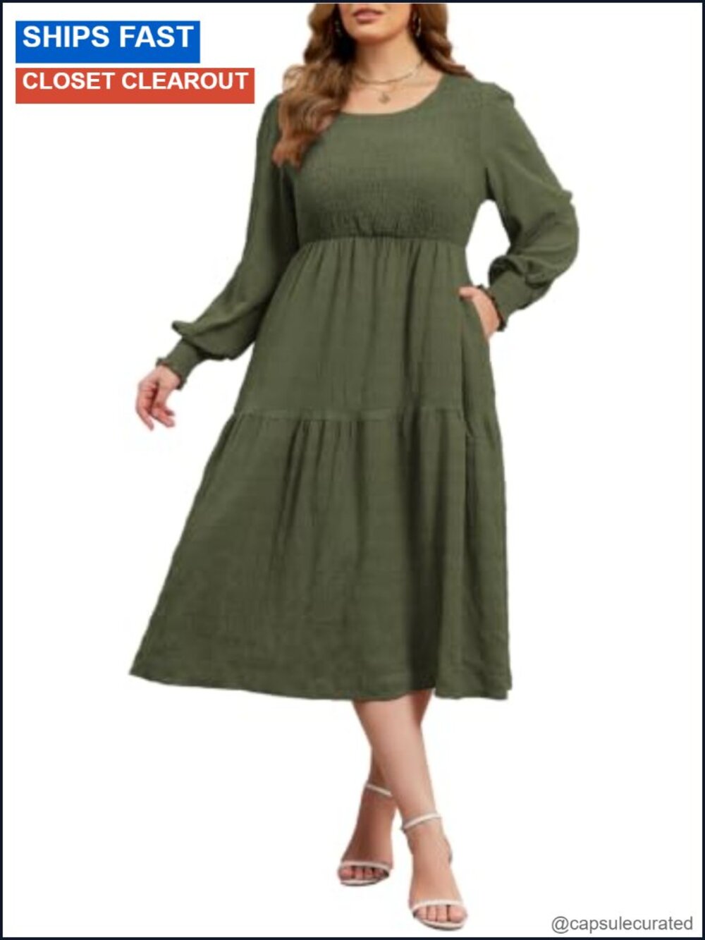 Long Sleeve Bodycon Midi Dress Smocked Wedding Guest Party